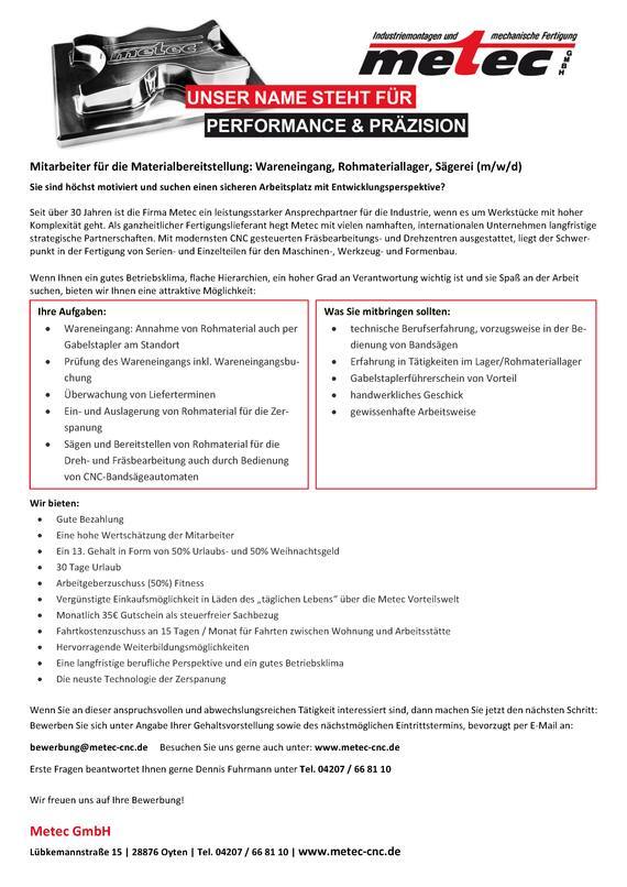 Mitarbeiter für die Materialbereitstellung: Wareneingang, Rohmateriallager, Sägerei (m/w/d)